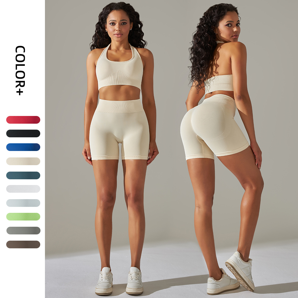 Cross border European and American seamless yoga suit set for women, high waisted and tight fitting sports bra, fitness yoga pants two-piece set