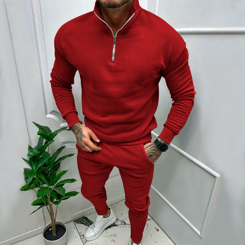 2025 Cross border Independent Station Autumn/Winter Men's Casual Plush Solid Color Long Sleeve Half zip Top Long Pants Two Piece Set