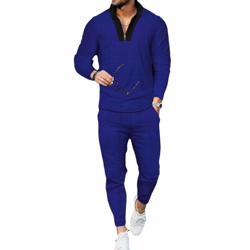 Cross border waffle long sleeved patchwork stand up collar set for men's high-end, casual and fashionable half zip sportswear