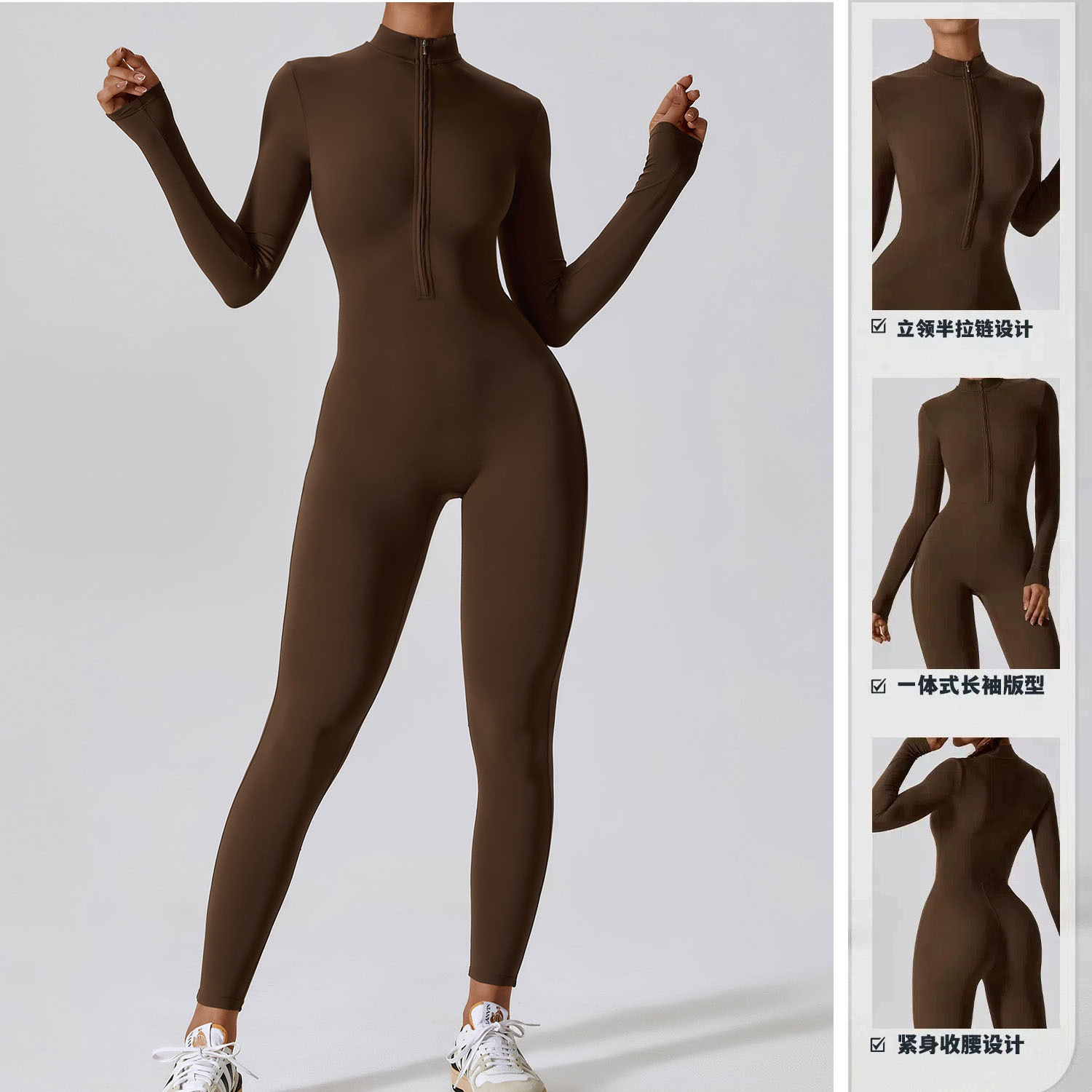 Strictly select alo yoga zipper nude long sleeved yoga jumpsuit, high-strength fitness sports jumpsuit