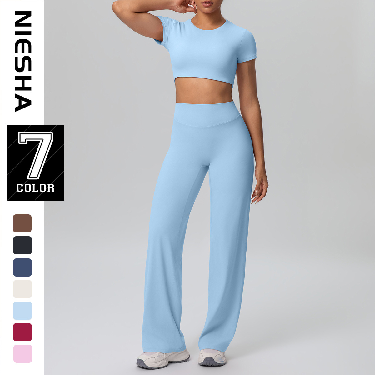 Cross border nude outdoor sports short sleeved with chest cushion outdoor running straight leg pants yoga suit leggings yoga set