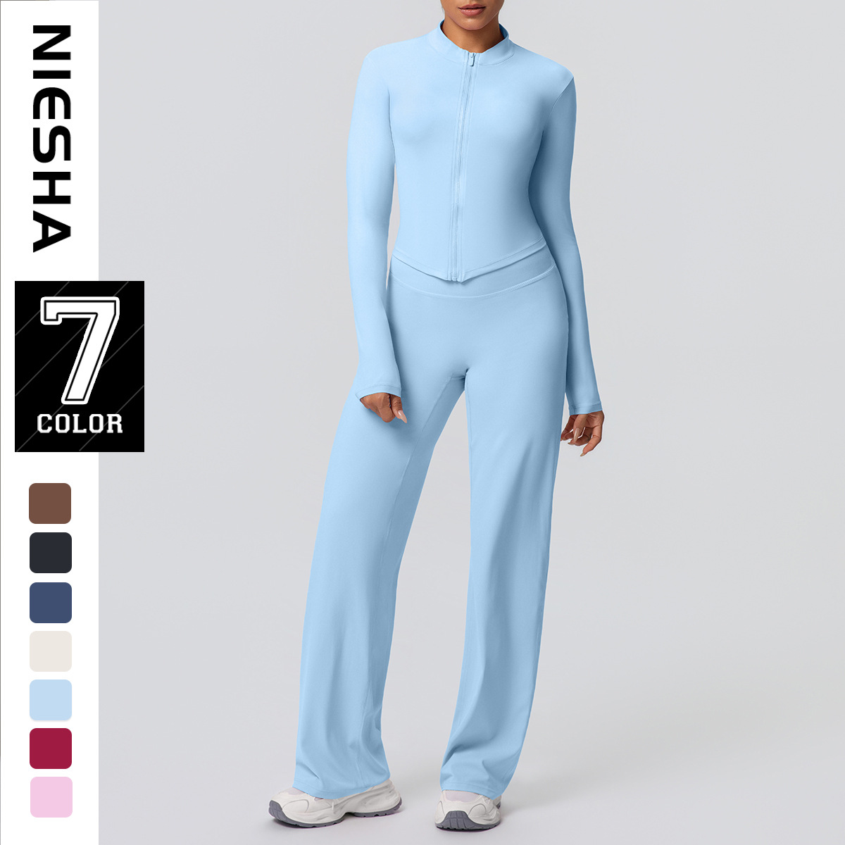 European and American cross-border nude sports zipper long sleeved jacket fitness suit loose high waist slimming straight leg pants yoga set