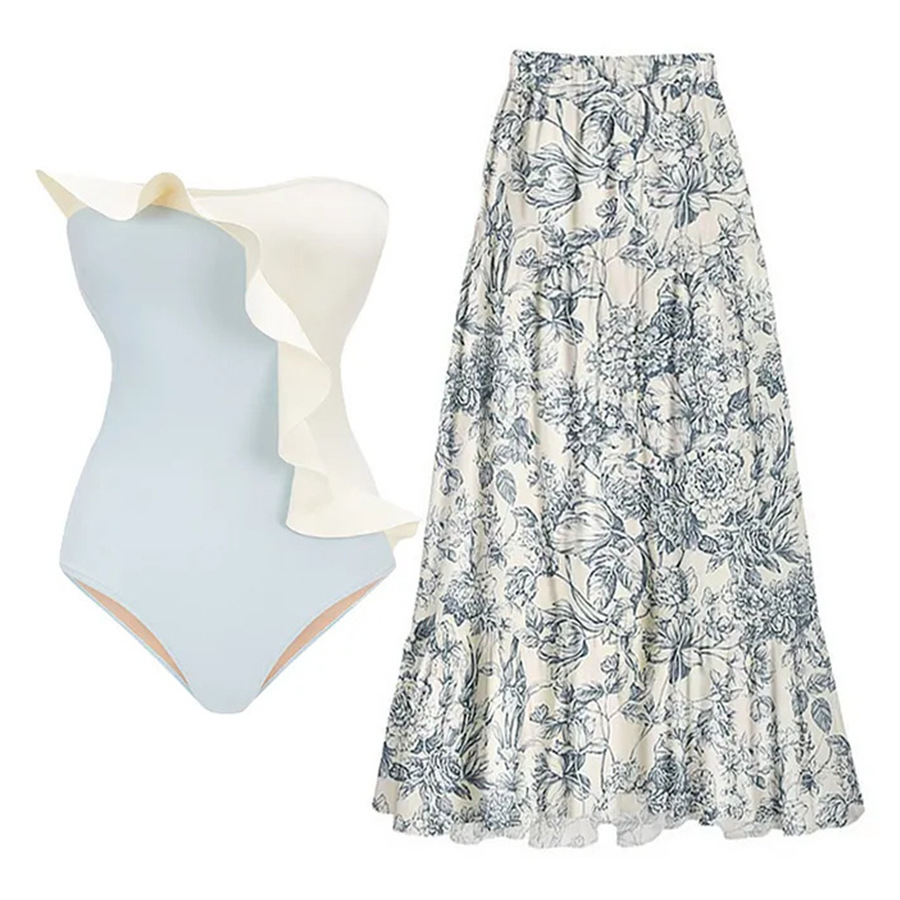 2025 new color blocked European and American fashionable sexy backless one-piece swimsuit women's tight French retro mesh skirt swimsuit