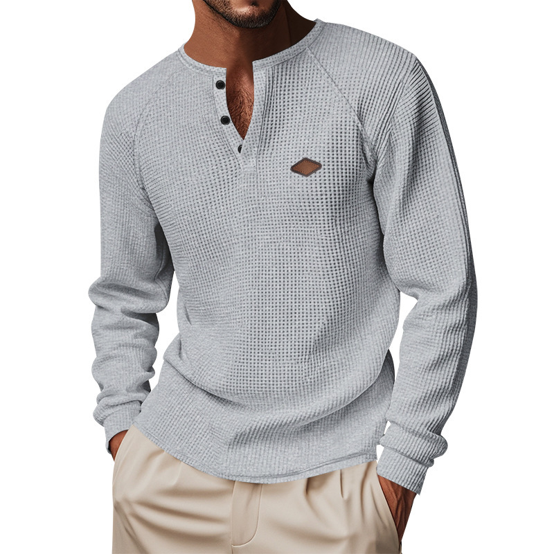 2025 Cross border Men's Casual American Spring and Autumn Thin Style Waffle Buckle Quick Dry Shoulder Henry T-shirt Long Sleeve