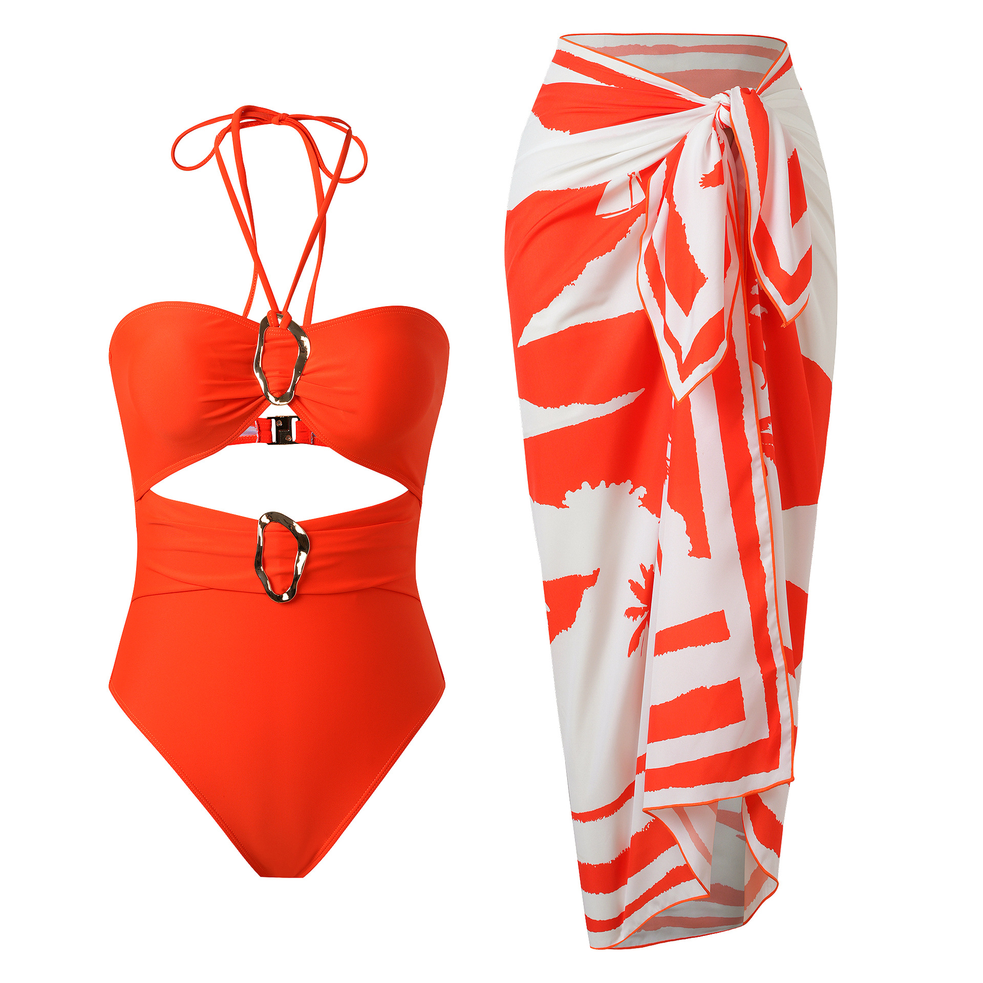 European and American neck and strapless swimsuit set for vacation hot spring sexy hollow one-piece swimsuit, high waist printed beach skirt for women