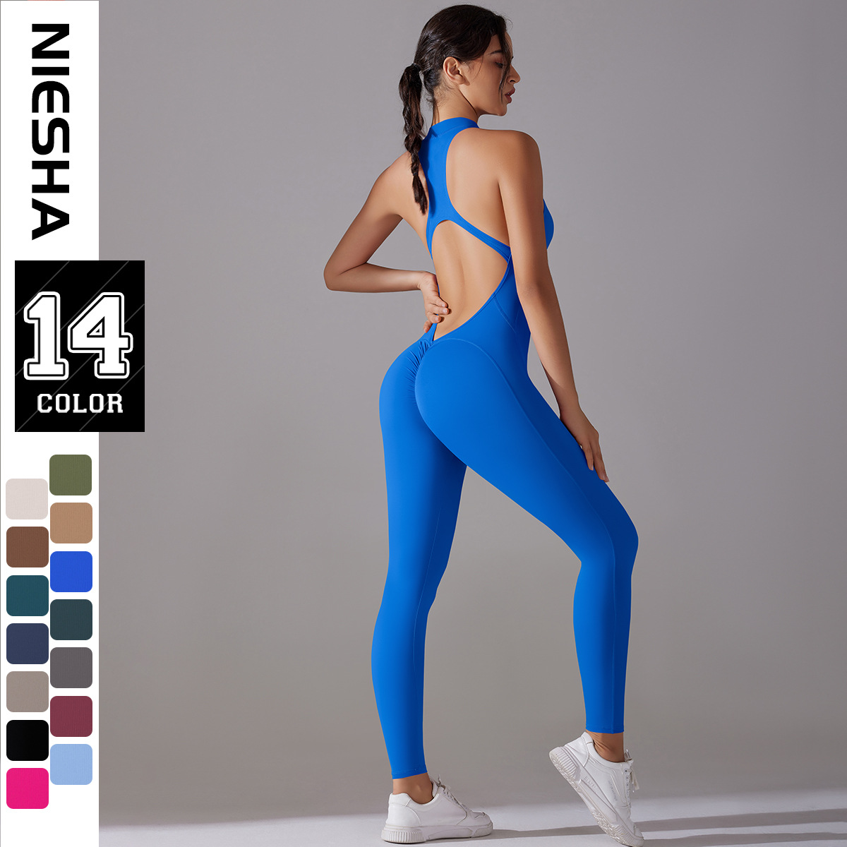European and American shaping one-piece zipper yoga suit with integrated abdominal compression, tight fitting and hollow out sports back jumpsuit, yoga pants