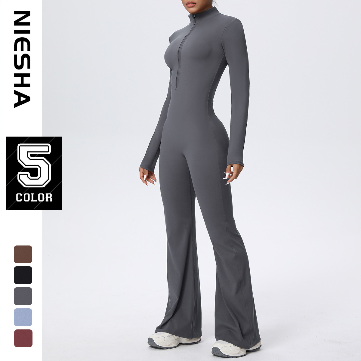 European and American zipper nude long sleeved yoga bell bottoms jumpsuit, running fitness suit, sports trend jumpsuit, tight fitting suit
