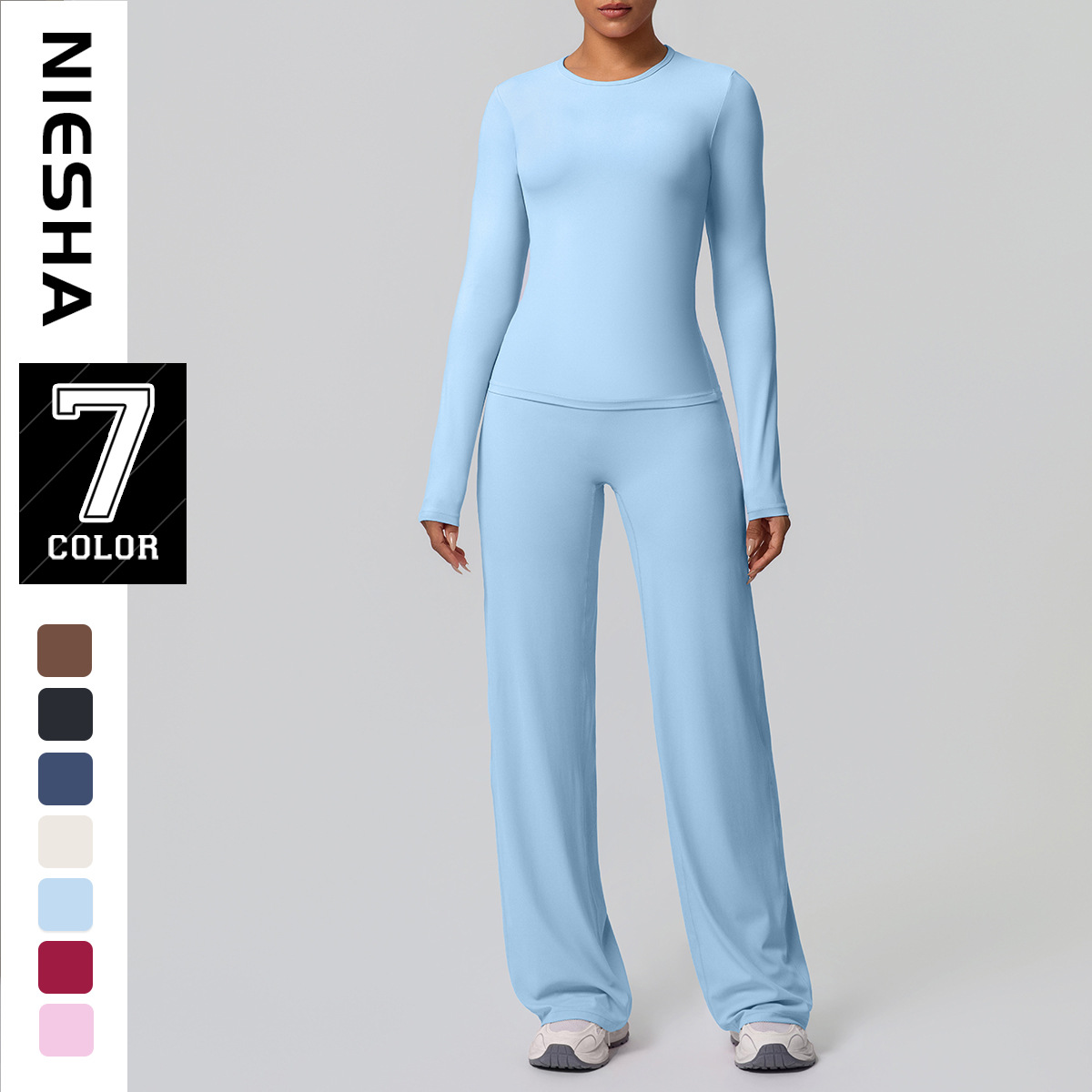 Cross border quick drying nude long sleeved yoga suit, outdoor running, hanging straight leg pants, slimming fitness pants, sports suit