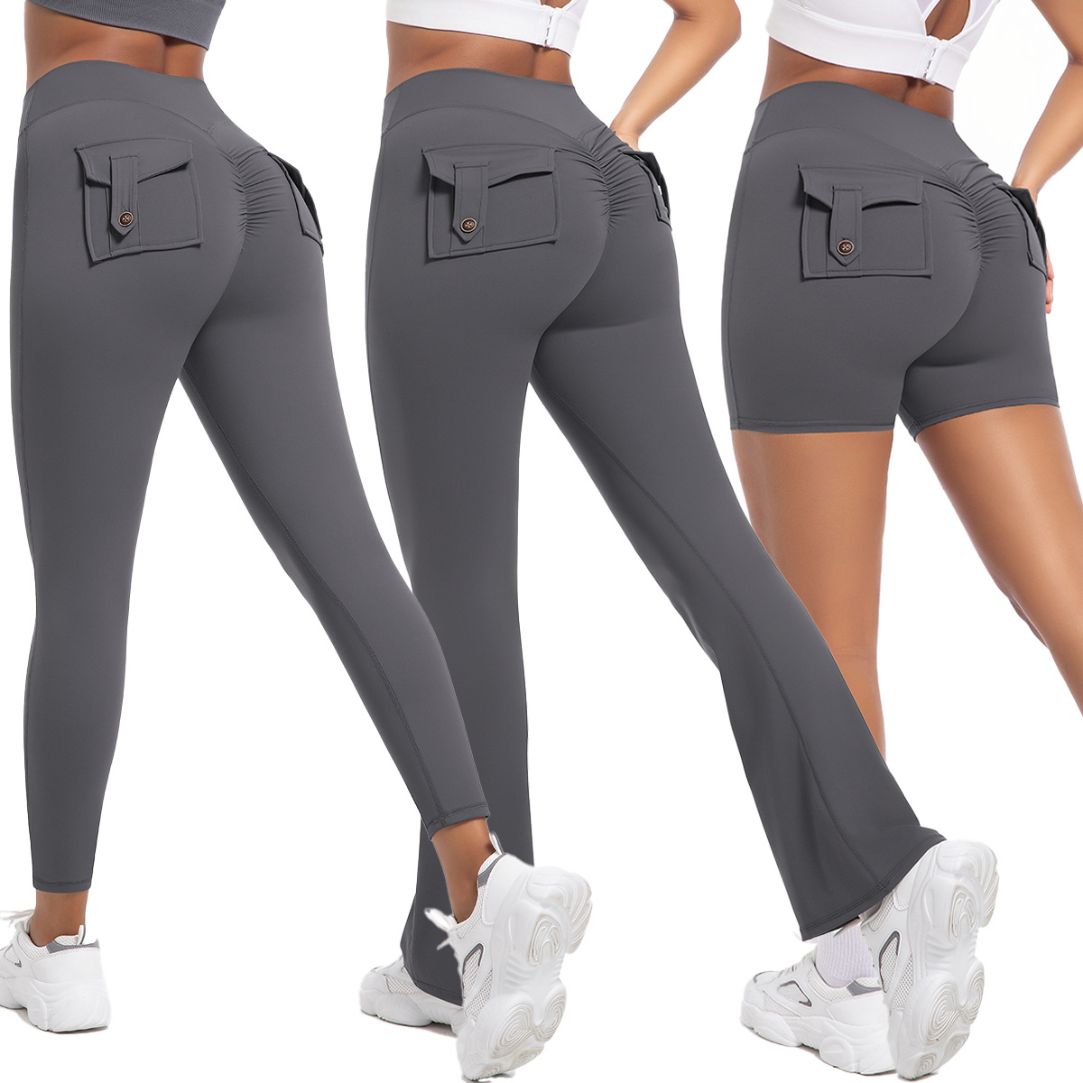 New Peach Hip Work Clothes Tight Pocket Yoga Pants High Waist Elastic Hip Lifting Button Quick Drying Running Fitness Pants for Women