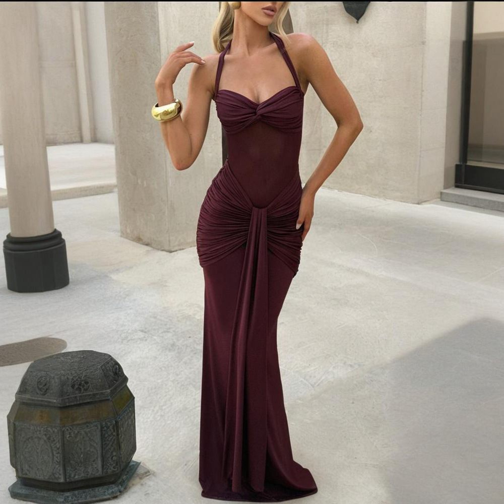 Cross border 2025 new women's clothing temperament pleated ribbon long skirt, foreign trade fashion hanging neck sexy hip hugging dress for women