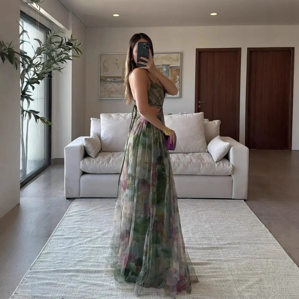 2025 Cross border European and American Spring/Summer New Mesh Printed Strap Dress INS Holiday Leisure Party Dress