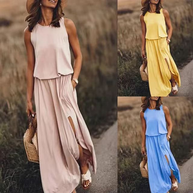 2025 Summer European and American Cross border New Vacation Style Solid Color Round Neck Sleeveless Strap Lantern Split Dress Long Skirt
