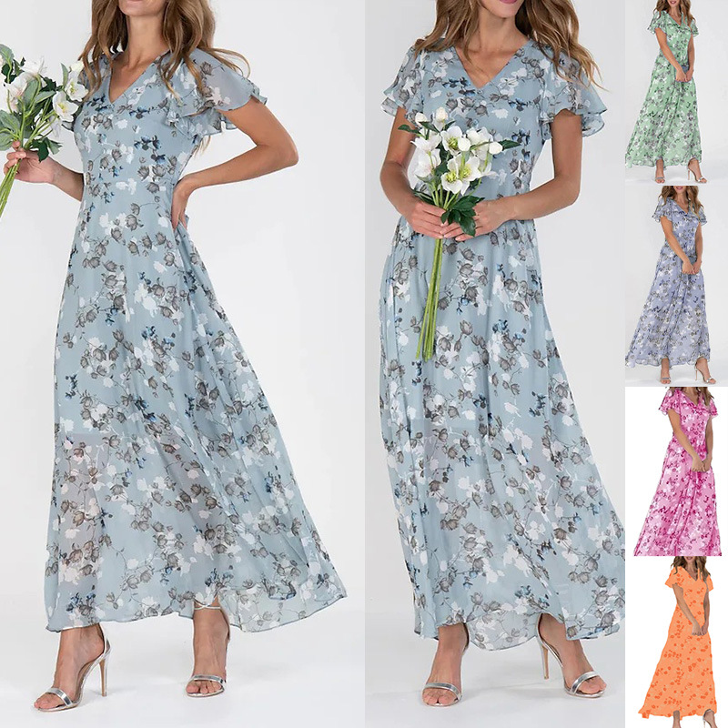 2023 European and American new beach long skirt chiffon floral short sleeved ruffle V-neck fashionable waist cinching dress