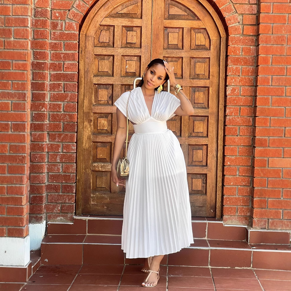 OL6177 new cross-border Amazon source women's pleated solid color long dress in stock