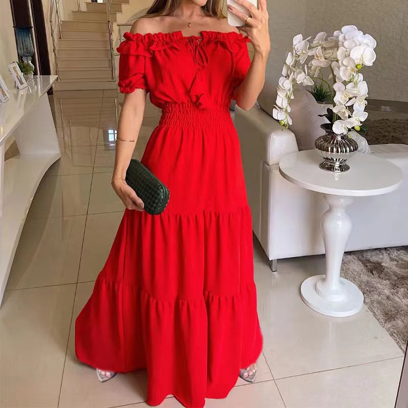2025 European and American Cross border Foreign Trade New Fashionable Solid Color Lotus Lace, Leaf Edge Skincare, Bubble Sleeves, Large Swing Dress 2025 European and American Cross border Foreign Trade New Fashionable Solid Color Lotus Lace, Leaf Edge Skincare, Bubble Sleeves, Large Swing Dress