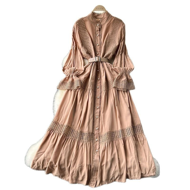 French court retro elegant dress, women's standing collar with flared sleeves, waist cinched, single breasted lace patchwork long skirt French court retro elegant dress, women's standing collar with flared sleeves, waist cinched, single breasted lace patchwork long skirt