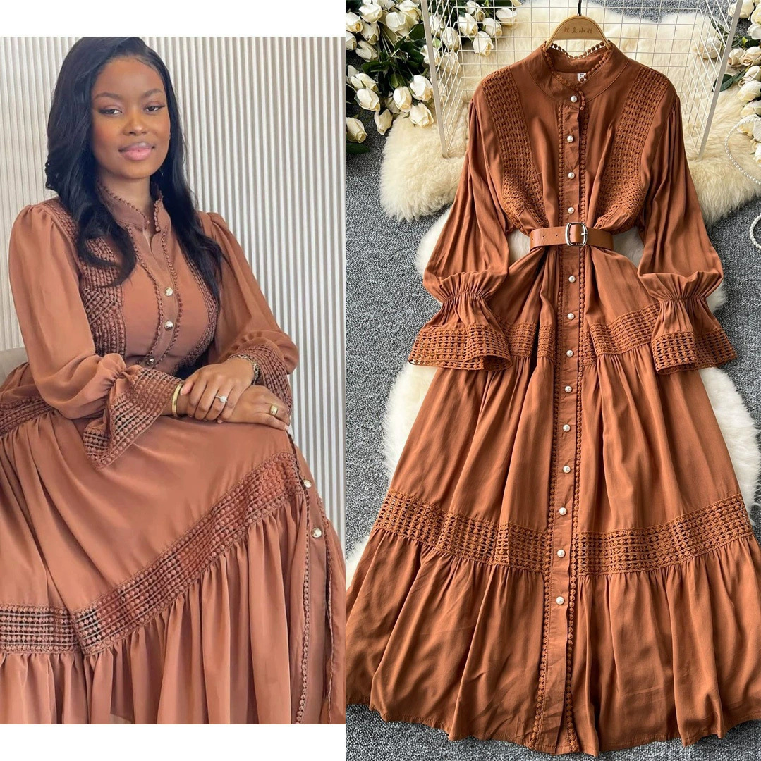 French court retro elegant dress, women's standing collar with flared sleeves, waist cinched, single breasted lace patchwork long skirt