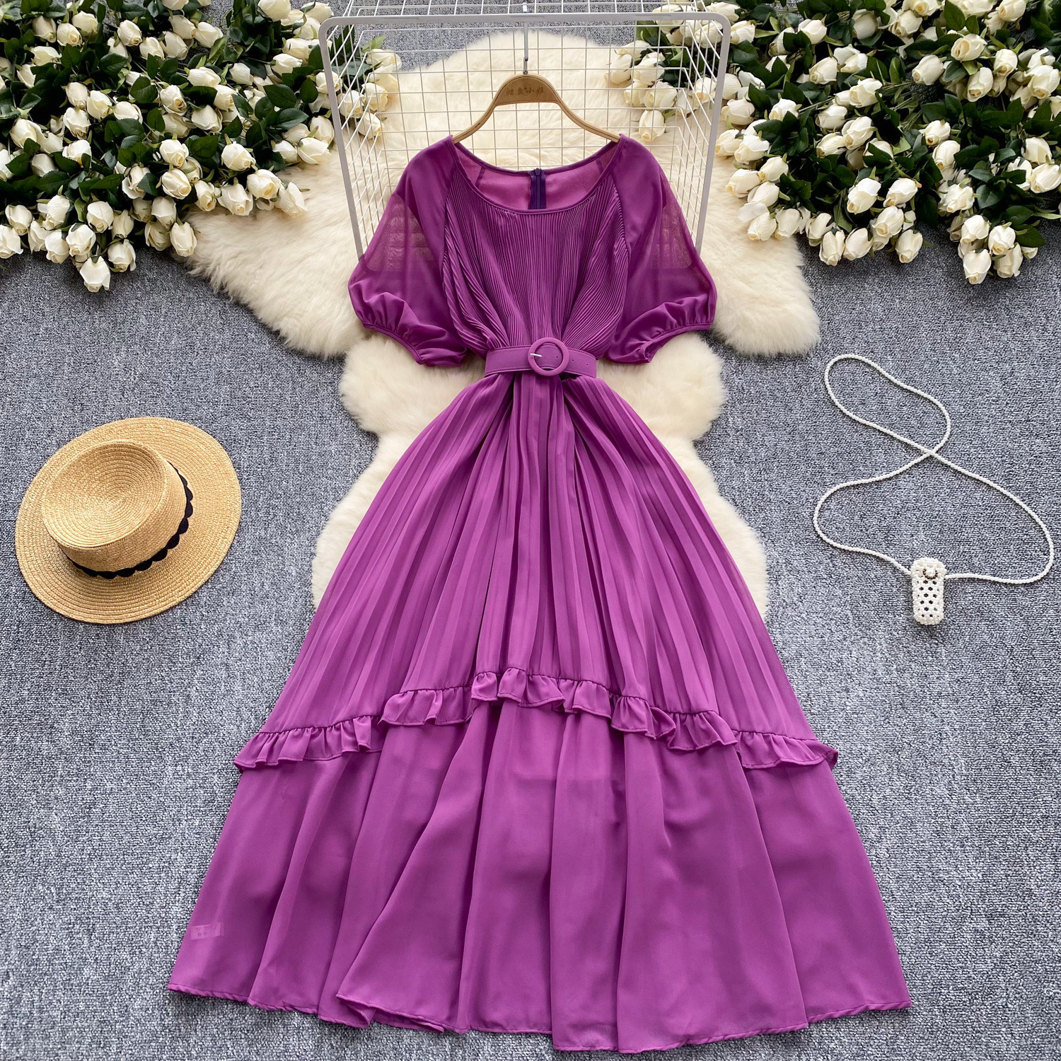 French retro round neck high-end lantern sleeve dress, women's waistband, waist cinched, ruffle edge patchwork chiffon skirt, long skirt French retro round neck high-end lantern sleeve dress, women's waistband, waist cinched, ruffle edge patchwork chiffon skirt, long skirt