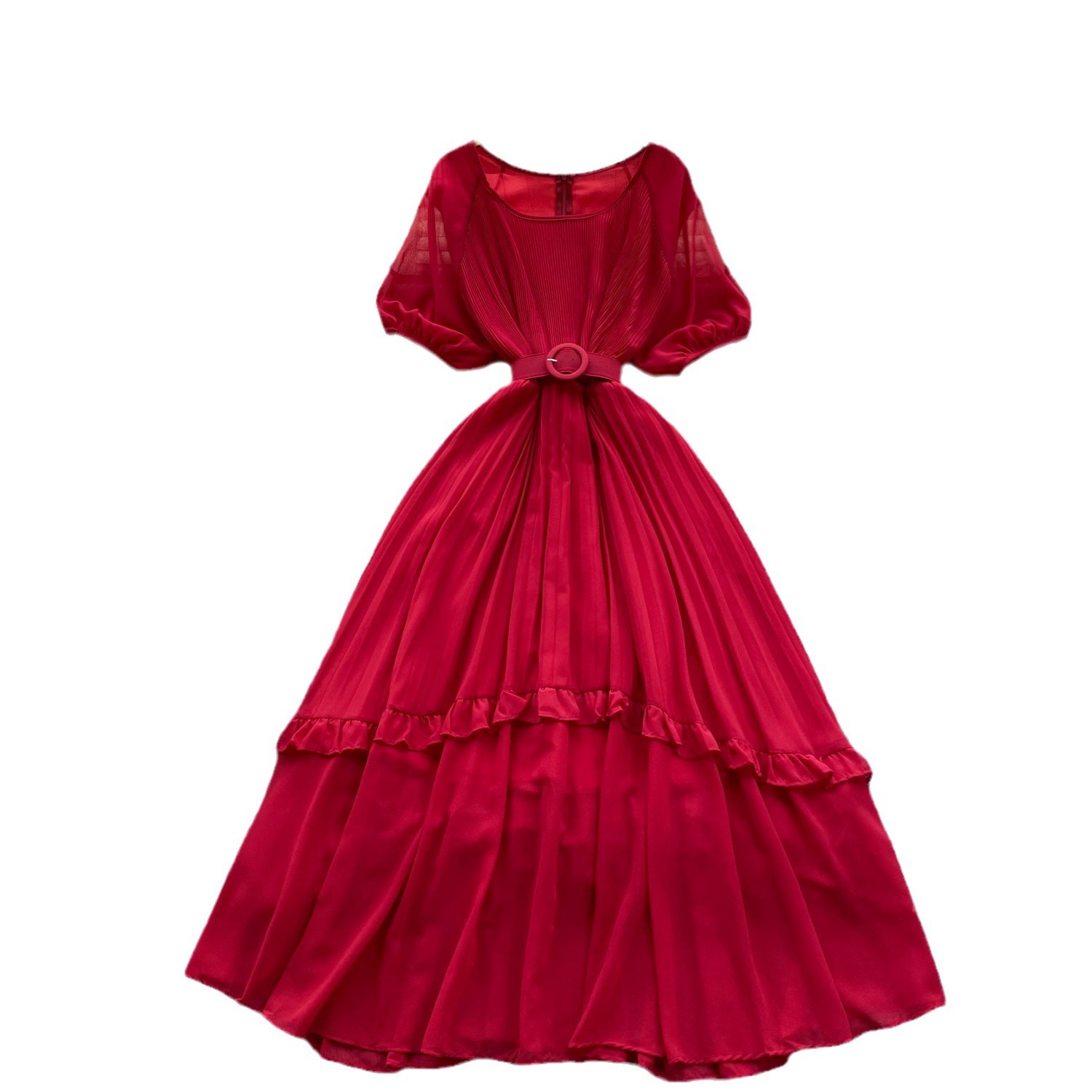 French retro round neck high-end lantern sleeve dress, women's waistband, waist cinched, ruffle edge patchwork chiffon skirt, long skirt French retro round neck high-end lantern sleeve dress, women's waistband, waist cinched, ruffle edge patchwork chiffon skirt, long skirt