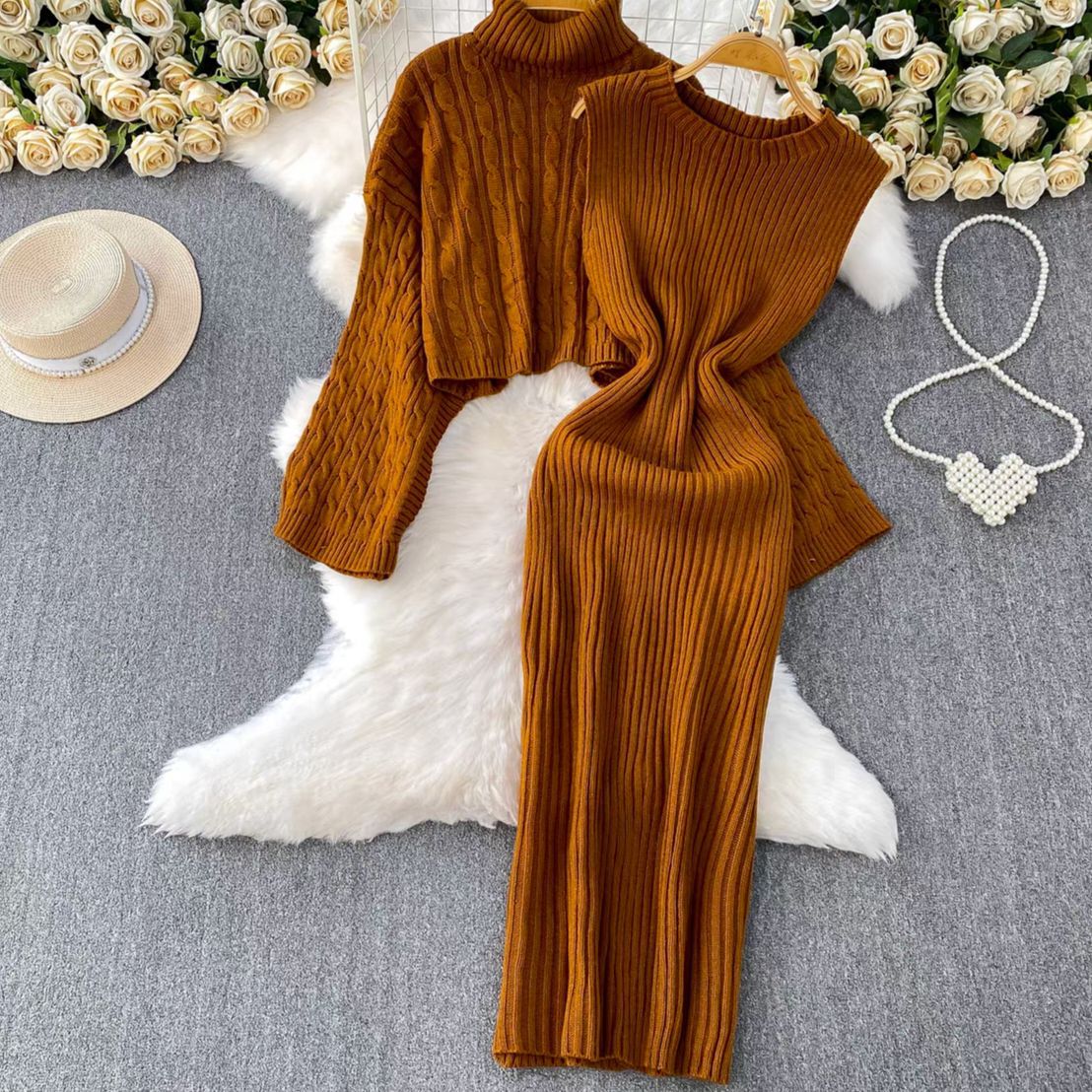 Winter clothes thickened Fried Dough Twists warm half high collar long sleeved blouse sweater suit waist and hip stretch knitting dress