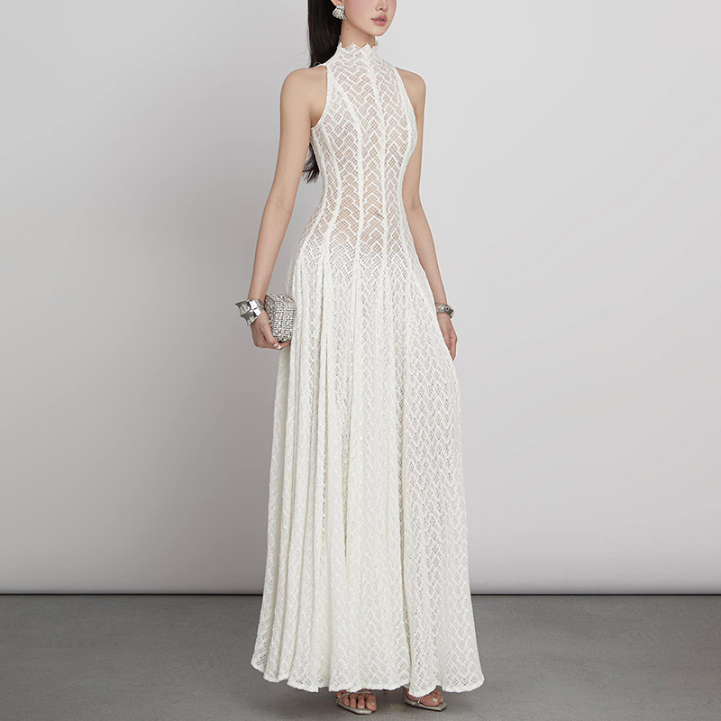 Vietnamese style retro lace design long skirt 2025 new lace collar slim fit elegant long dress for women