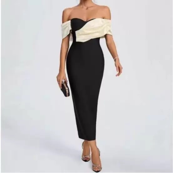 European and American cross-border new socialite style sexy off shoulder strapless contrasting color patchwork pleated bandage dress banquet dress