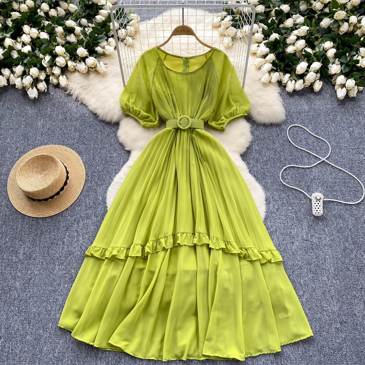 French retro round neck high-end lantern sleeve dress, women's waistband, waist cinched, ruffle edge patchwork chiffon skirt, long skirt French retro round neck high-end lantern sleeve dress, women's waistband, waist cinched, ruffle edge patchwork chiffon skirt, long skirt