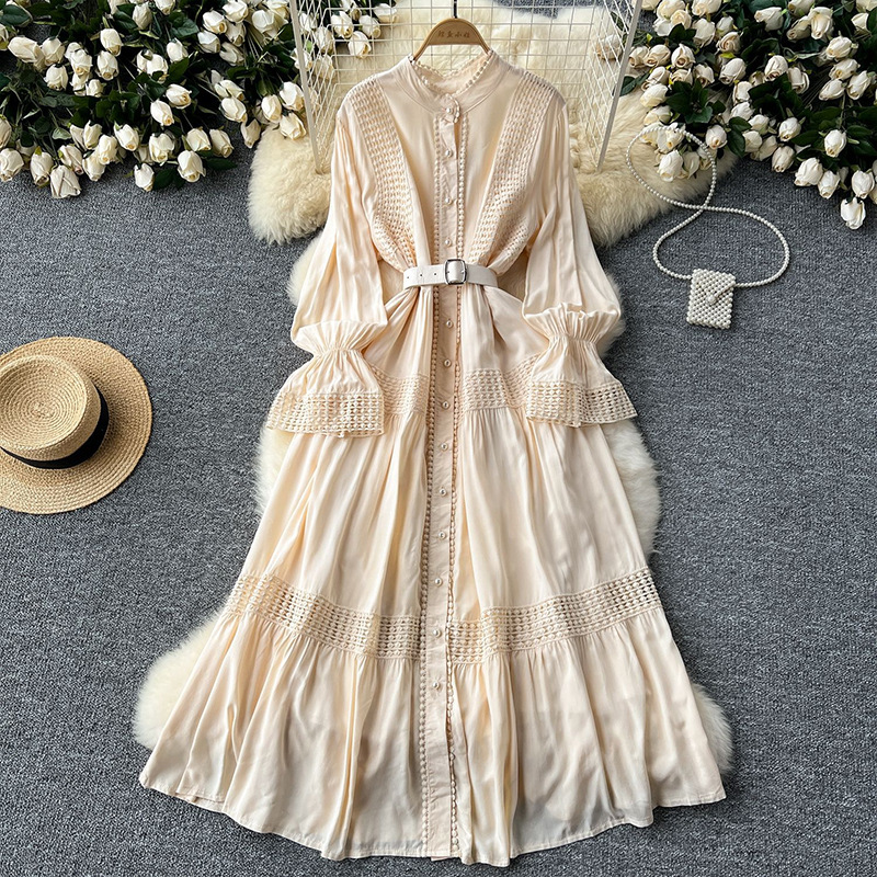 French court retro elegant dress, women's standing collar with flared sleeves, waist cinched, single breasted lace patchwork long skirt French court retro elegant dress, women's standing collar with flared sleeves, waist cinched, single breasted lace patchwork long skirt