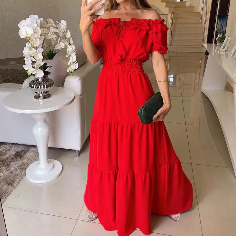 2025 European and American Cross border Foreign Trade New Fashionable Solid Color Lotus Lace, Leaf Edge Skincare, Bubble Sleeves, Large Swing Dress 2025 European and American Cross border Foreign Trade New Fashionable Solid Color Lotus Lace, Leaf Edge Skincare, Bubble Sleeves, Large Swing Dress
