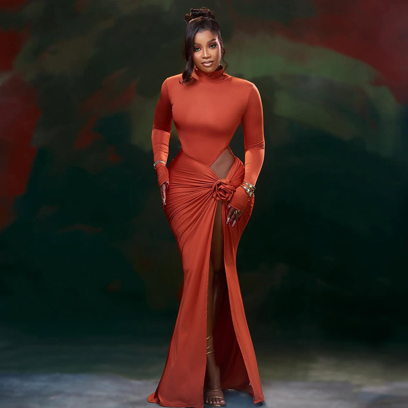 European and American style foreign trade women's flower pleated split hip skirt stand collar hollowed out slim fit long sleeved solid color long dress