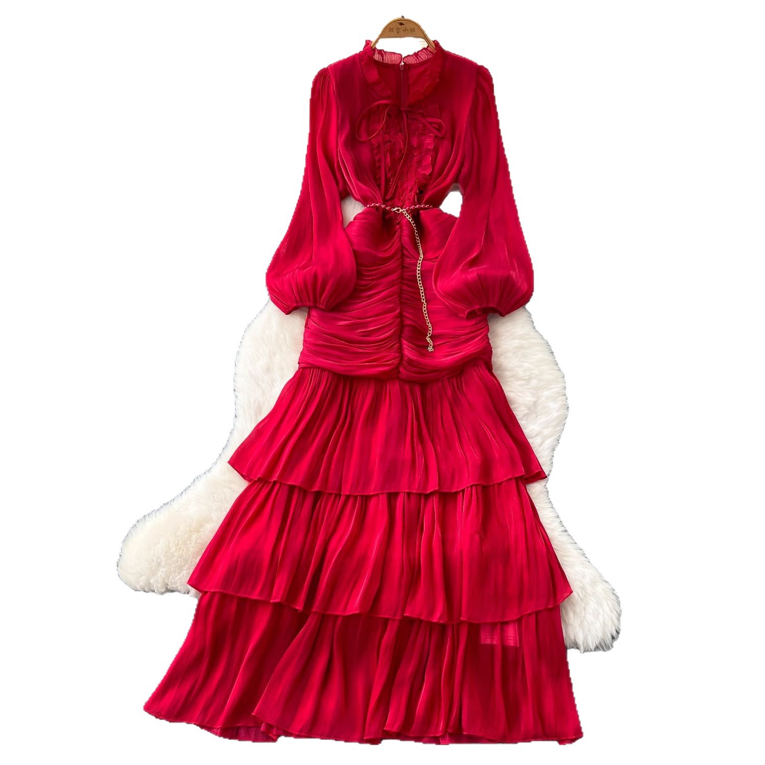 French dress for women 2025 new high-end lace patchwork waist cinched lantern sleeves lotus leaf side length dress skirt French dress for women 2025 new high-end lace patchwork waist cinched lantern sleeves lotus leaf side length dress skirt