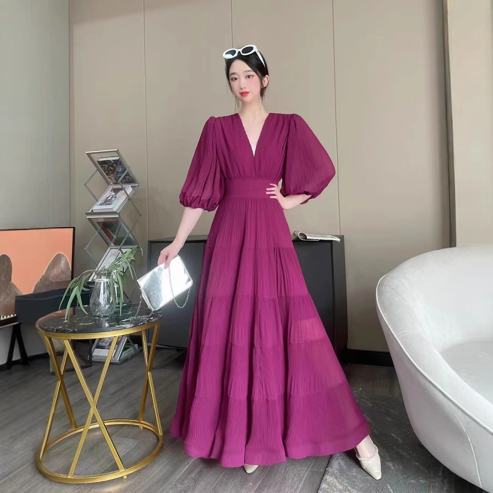 Holiday beach new oversized layered V-neck waist cinching temperament socialite pleated dress short sleeved A-line dress for women