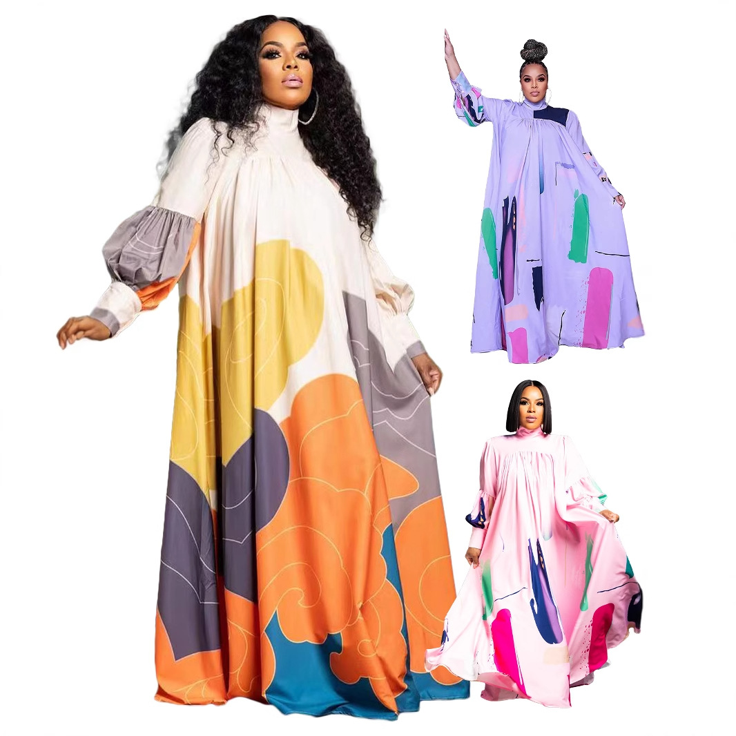 OL6155 New Cross border Amazon Source Autumn New Women's Long Skirt Printed Long Sleeve Big Swing Skirt