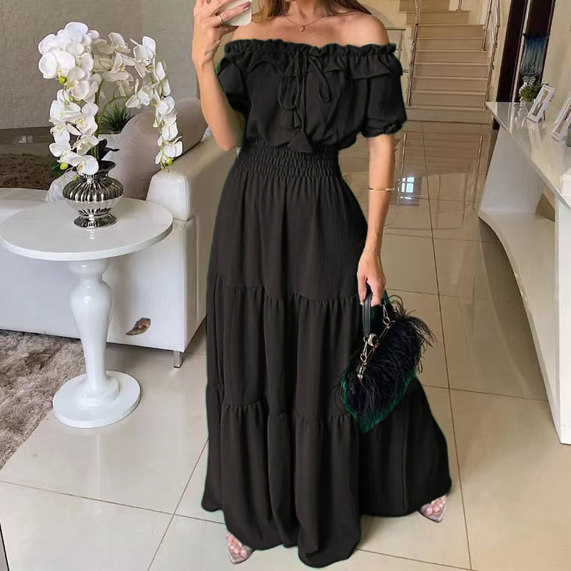 2025 European and American Cross border Foreign Trade New Fashionable Solid Color Lotus Lace, Leaf Edge Skincare, Bubble Sleeves, Large Swing Dress 2025 European and American Cross border Foreign Trade New Fashionable Solid Color Lotus Lace, Leaf Edge Skincare, Bubble Sleeves, Large Swing Dress