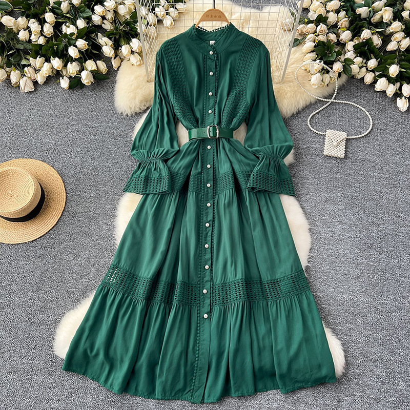 French court retro elegant dress, women's standing collar with flared sleeves, waist cinched, single breasted lace patchwork long skirt French court retro elegant dress, women's standing collar with flared sleeves, waist cinched, single breasted lace patchwork long skirt