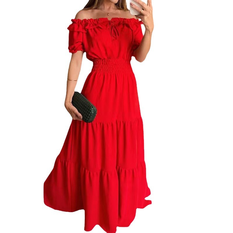 2025 European and American Cross border Foreign Trade New Fashionable Solid Color Lotus Lace, Leaf Edge Skincare, Bubble Sleeves, Large Swing Dress 2025 European and American Cross border Foreign Trade New Fashionable Solid Color Lotus Lace, Leaf Edge Skincare, Bubble Sleeves, Large Swing Dress