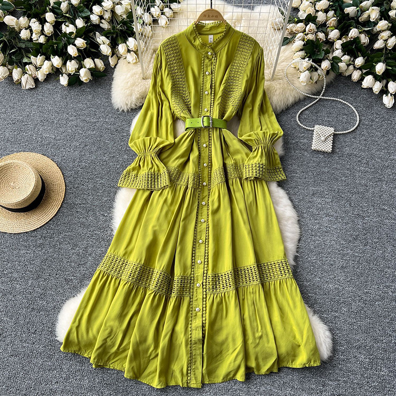 French court retro elegant dress, women's standing collar with flared sleeves, waist cinched, single breasted lace patchwork long skirt French court retro elegant dress, women's standing collar with flared sleeves, waist cinched, single breasted lace patchwork long skirt