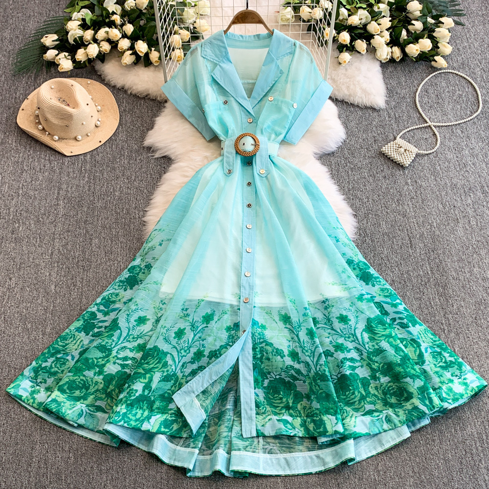 2025 Summer New Style Positioning: Flower Shaped Suit Collar Dress for Women, French Romantic Vacation, High End Slimming Long Skirt
