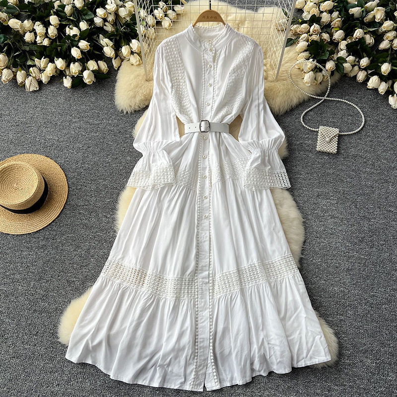 French court retro elegant dress, women's standing collar with flared sleeves, waist cinched, single breasted lace patchwork long skirt French court retro elegant dress, women's standing collar with flared sleeves, waist cinched, single breasted lace patchwork long skirt