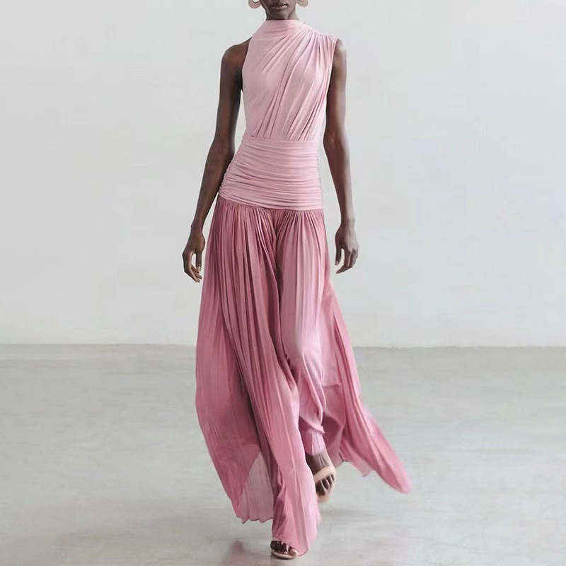 Cross border high-end dress 2025 new design sense single-sided off shoulder mid neck pleated waist slimming dress