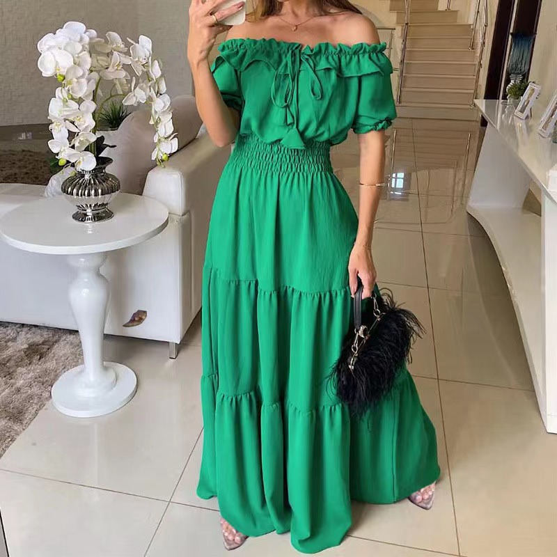 2025 European and American Cross border Foreign Trade New Fashionable Solid Color Lotus Lace, Leaf Edge Skincare, Bubble Sleeves, Large Swing Dress 2025 European and American Cross border Foreign Trade New Fashionable Solid Color Lotus Lace, Leaf Edge Skincare, Bubble Sleeves, Large Swing Dress