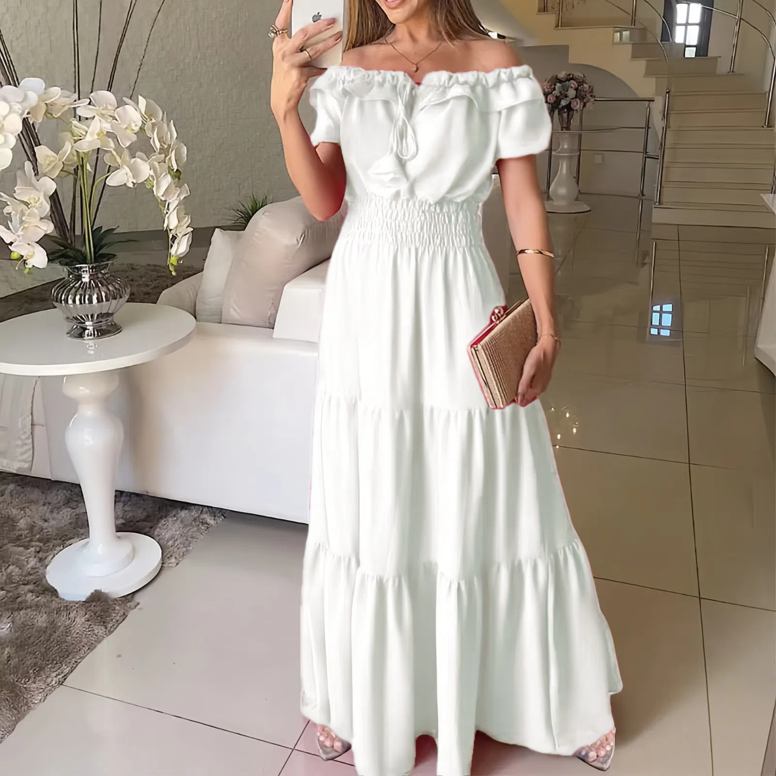 2025 European and American Cross border Foreign Trade New Fashionable Solid Color Lotus Lace, Leaf Edge Skincare, Bubble Sleeves, Large Swing Dress 2025 European and American Cross border Foreign Trade New Fashionable Solid Color Lotus Lace, Leaf Edge Skincare, Bubble Sleeves, Large Swing Dress