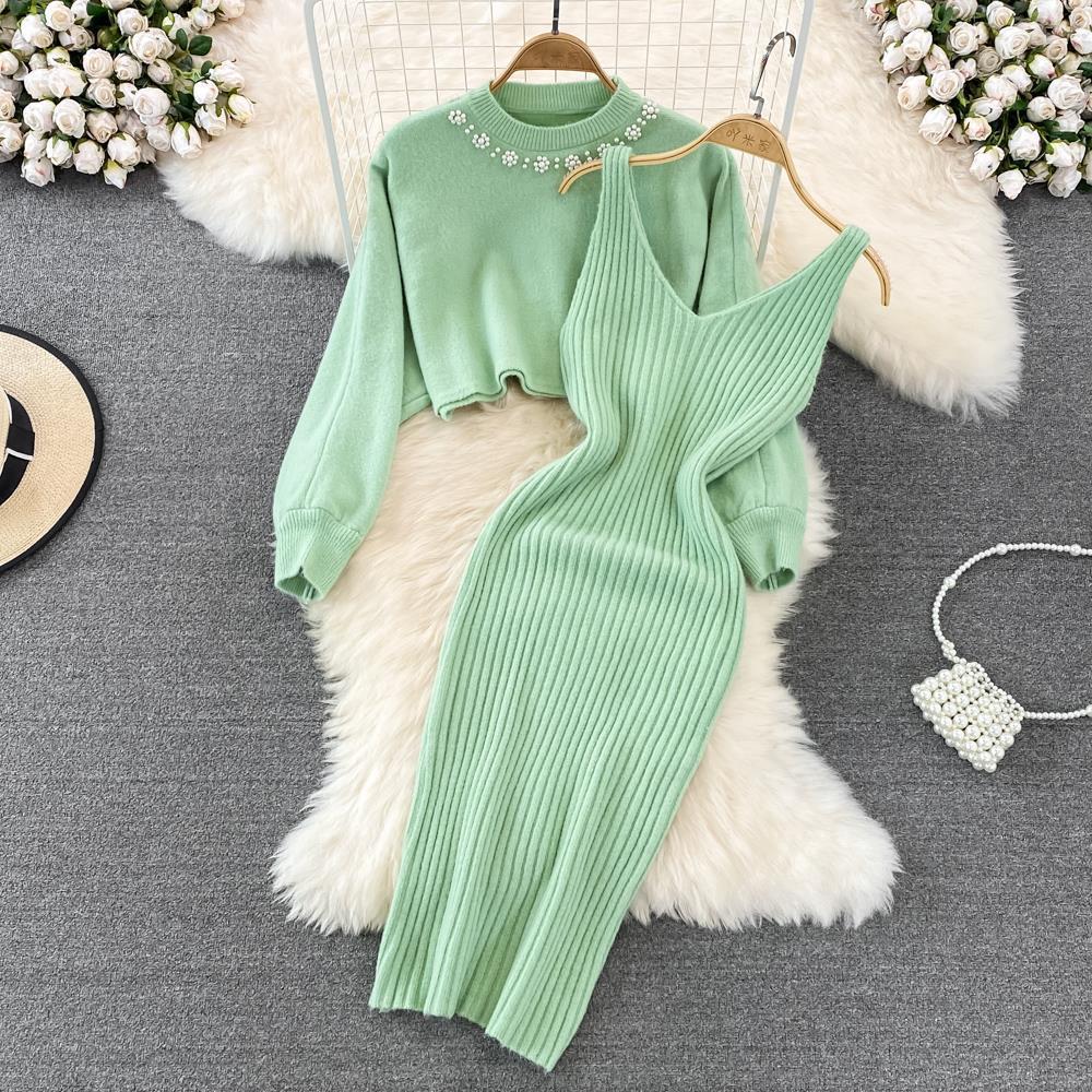 French style socialite nail bead high waisted two-piece woolen dress 2023 autumn/winter new knitwear vest dress