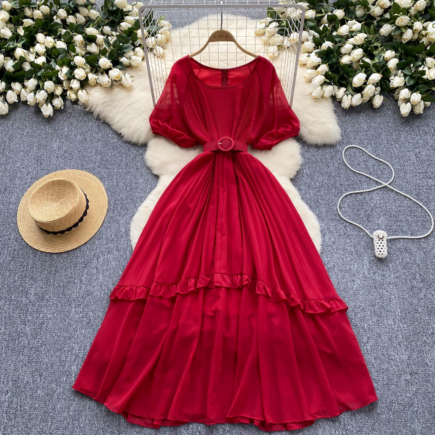 French retro round neck high-end lantern sleeve dress, women's waistband, waist cinched, ruffle edge patchwork chiffon skirt, long skirt French retro round neck high-end lantern sleeve dress, women's waistband, waist cinched, ruffle edge patchwork chiffon skirt, long skirt