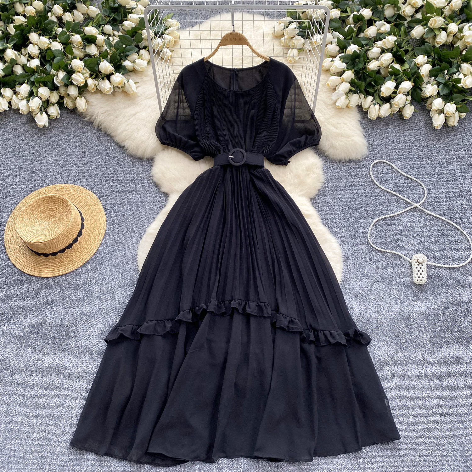 French retro round neck high-end lantern sleeve dress, women's waistband, waist cinched, ruffle edge patchwork chiffon skirt, long skirt French retro round neck high-end lantern sleeve dress, women's waistband, waist cinched, ruffle edge patchwork chiffon skirt, long skirt