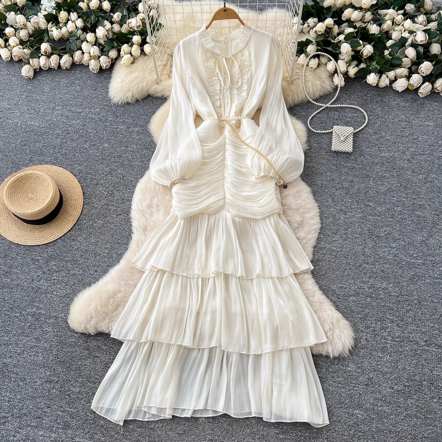 French dress for women 2025 new high-end lace patchwork waist cinched lantern sleeves lotus leaf side length dress skirt French dress for women 2025 new high-end lace patchwork waist cinched lantern sleeves lotus leaf side length dress skirt