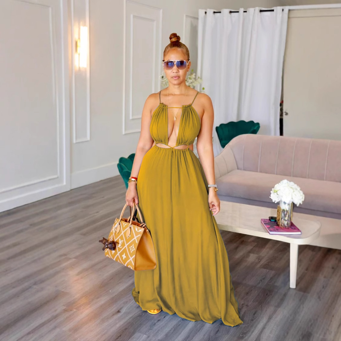 OL6121 Amazon Cross border European and American Women's Sleeveless Hollow Back Open Skirt Solid Color jumpsuit OL6121 Amazon Cross border European and American Women's Sleeveless Hollow Back Open Skirt Solid Color jumpsuit