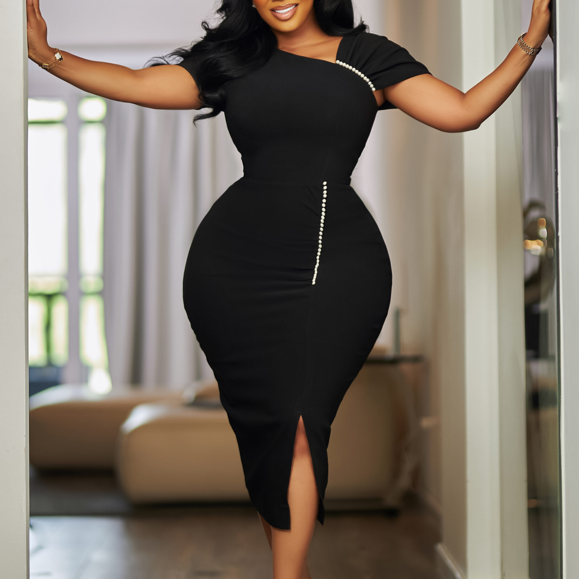 D564 European and American Amazon Foreign Trade New Style Temperament Bag Hip Nail Bead High Waist OL Tongle Pencil Skirt African Dress