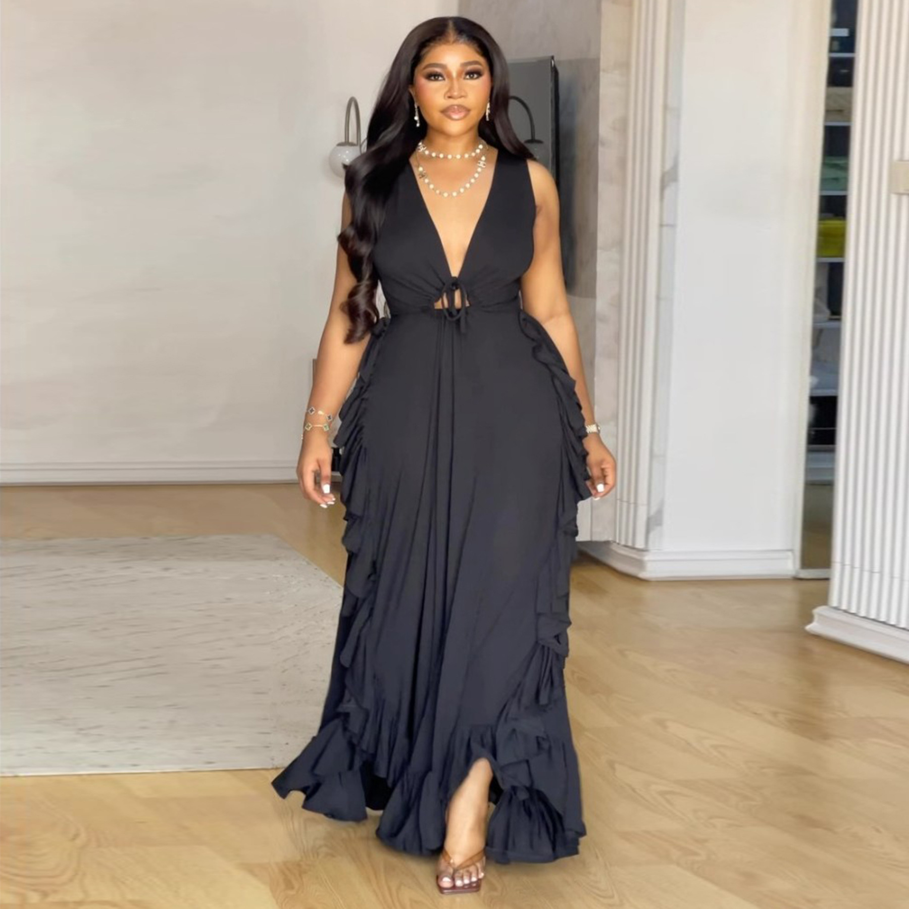 N8084 Cross border Amazon Sexy Off Shoulder Style Ruffle High Waist and Umbilical Strap European Large Size Dress