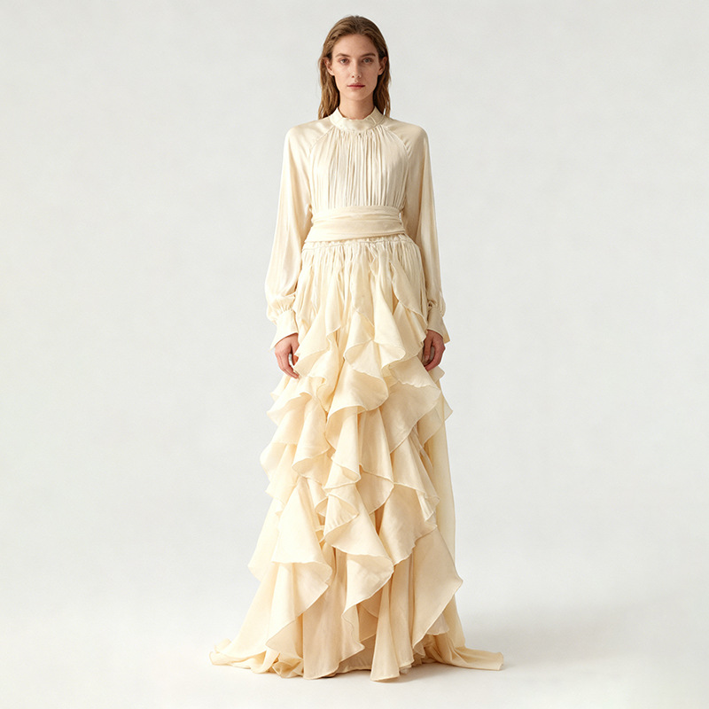 Gentle and romantic lotus leaf edge cake skirt 2025 autumn and winter new round neck long sleeved waist slimming dress Gentle and romantic lotus leaf edge cake skirt 2025 autumn and winter new round neck long sleeved waist slimming dress